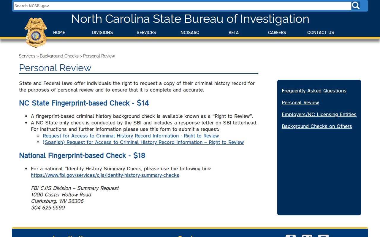 Chowan County criminal history SBI personal record review