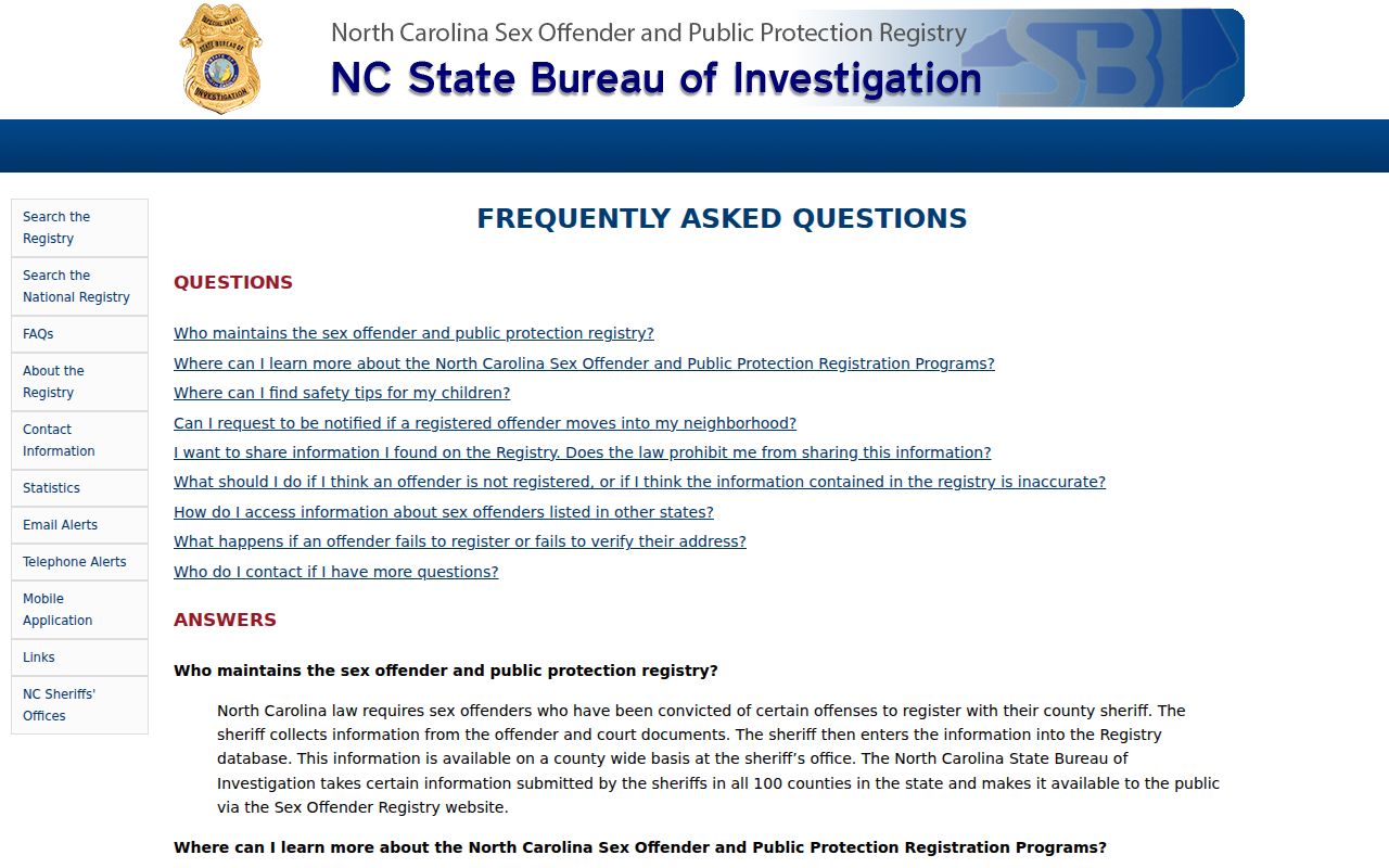 SBI registry FAQ explaining Chowan County sex offender search limits